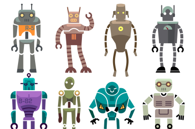 Cute vintage vector robot icons and characters