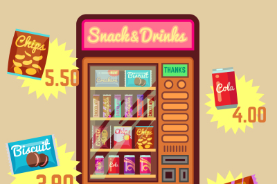 Retro vector vending machine with snacks and drinks flat icons