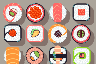 Sushi japanese cuisine food flat vector icons