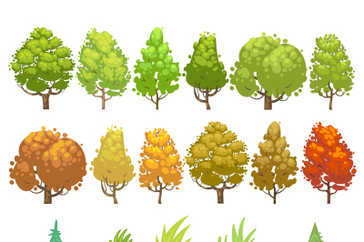 Trees and grass flat vector icons set