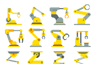 Robotic arm, hand, industrial robot flat vector icons set