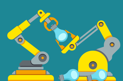 Robotic production line. Manufacturing machine vector concept