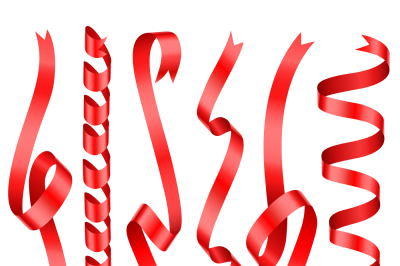 Red shining rolled vertical vector ribbons with copy space