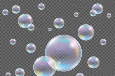 Realistic transparent vector soap bubbles with rainbow reflection and 