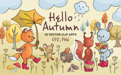 Hello autumn. Forest animals and plants in doodle style.