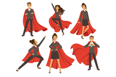 Businesswoman in action poses. Female superhero flying