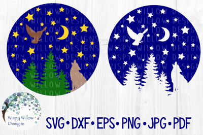  Night Sky, Owl, Wolf, Stars, Moon, SVG/DXF/EPS/PNG/JPG/PDF