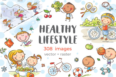 Healthy lifestyle, cartoon doodle kids and families doing sports