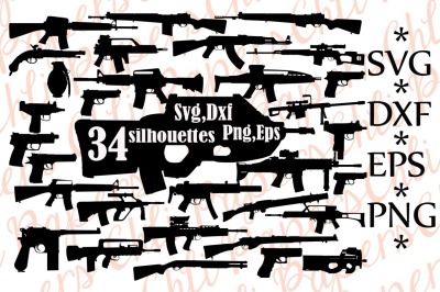 Gun Svg Silhouette clipart,ARMY WEAPONS SVG, Pistol svg,Pistols clip