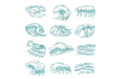 Monochrome pictures set of marine waves with different splashes