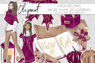 Luxury Fall Clipart, Glitter Planner Girl, Autumn Cliparts