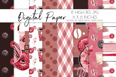 Coffee Donut Digital Paper, Coffee Background Pattern, Scrapbooking