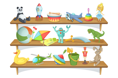 Illustration of childrens store with funny cartoon toys on shelves