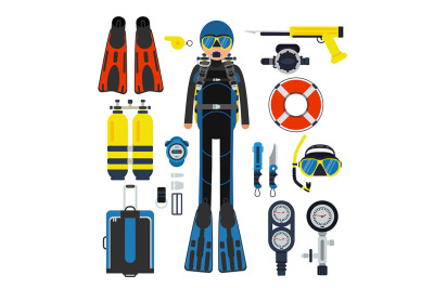 Equipment for underwater sport. Gas, scuba wetsuit and flippers