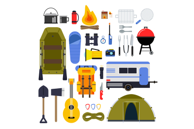 Camping equipment for travel. Hiking accessories vector icon set