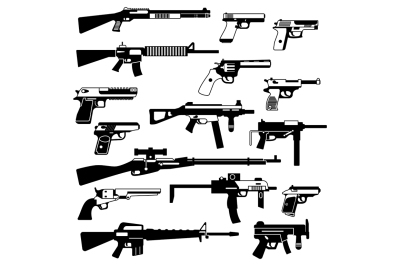 Military set of automatic guns, pistols and other weapons