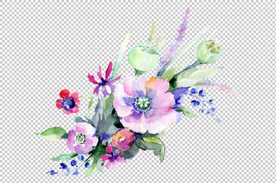 Cute bouquet flowers PNG watercolor set