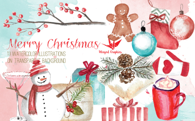 Christmas watercolor illustrations: set of 13