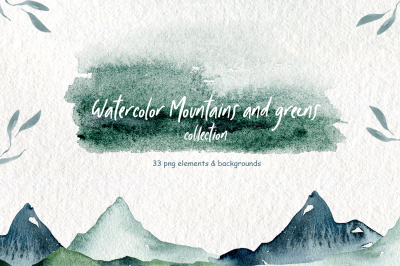 Watercolor Mountains and greens 