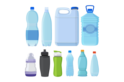 Glass and plastic bottles of different types for alcohol and water