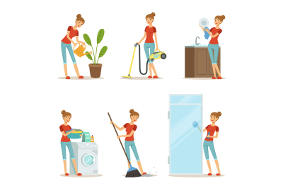 Woman making different housework. Active mother at homework