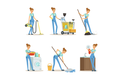 Professional cleaning service. Woman cleaner make some housework