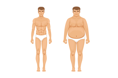 Visualization of weight loss. Muscular and fat man