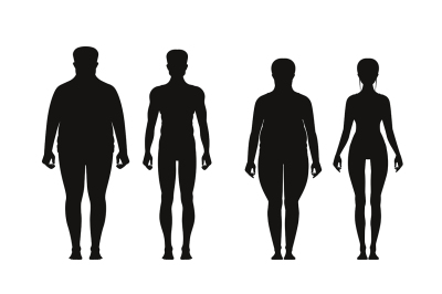 Silhouette of fat and thin peoples. Weight loss of overweight man 