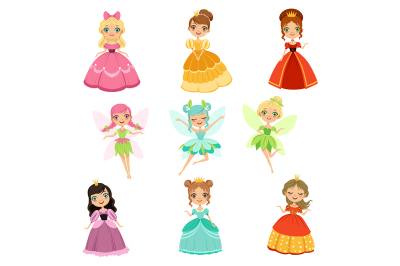 Cartoon funny fantasy princesses in different dresses and costumes