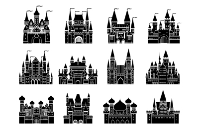 Monochrome vector illustrations set with different medieval old castle