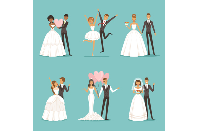 Married couple characters set. Wedding mascot design in cartoon style