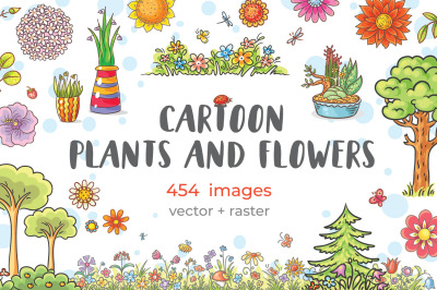 Hand drawn cartoon plants and flowers clipart bundle