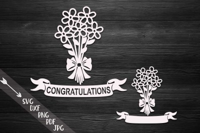 congratulations, flowers bouquet, ribbon, paper cut template, laser cu