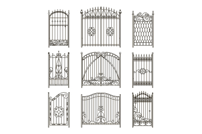 Iron gates with decorative elements. Vector monochrome pictures set