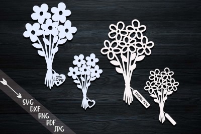 flowers bouquets with tags, with love, thank you, text, svg set files