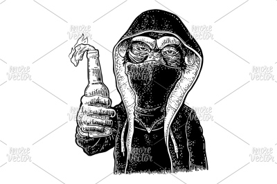 Monkey dressed in the hoodie holding molotov cocktail engraving