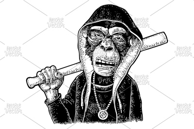 Monkey rapper dressed the hoodie  holding baseball bat engraving