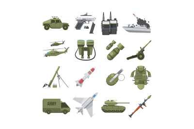 Icon set of different army weapons. Military and police equipment