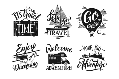 Monochrome travel labels set with hand writing words and letters