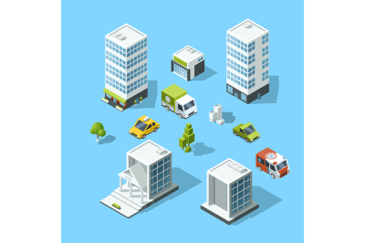 Set of isometric cartoon-style buildings&2C; trees and cars