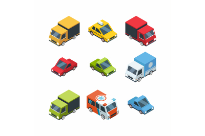 Set of isometric cartoon-style city cars