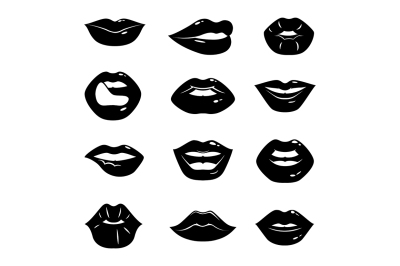 Monochrome illustrations of beautiful and glossy female lips 