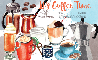 It's Coffe time: watercolor illustrations set of 11