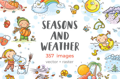 Child&#039;s drawing cartoon seasons and weather clipart bundle