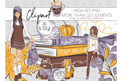 Fall Planner Girl Clipart, Fashion Autumn Cliparts