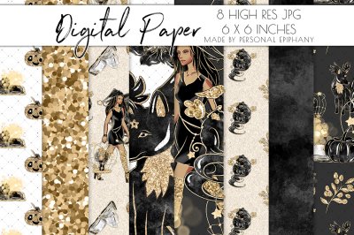 Halloween Witch Digital Paper, Glitter Pumpkin Background Scrapbooking