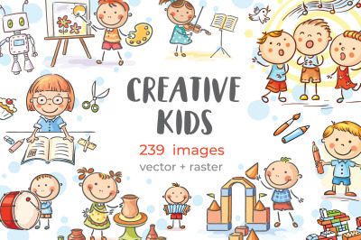Cartoon kids creative activities clipart set