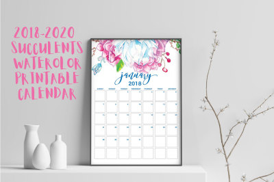 2018-2020 Succulents Watercolor Printable Calendar 