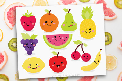 Cute Kawaii Fruit Clipart, Vector, Sublimation, SVG