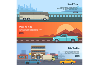 Horizontal banners with different cars. Road trip illustrations in car